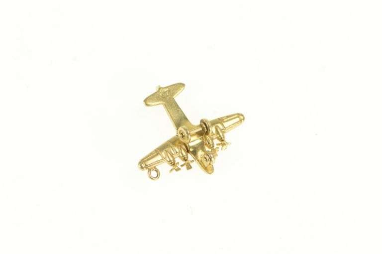14K Yellow Gold 3D Articulated Propeller Air Plane Jet Charm/Pendant