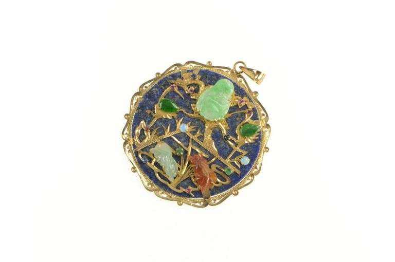 14K Yellow Gold Buddhist Lapis Jade Chinese Medallion Pendant/Pin
