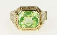 10K Yellow Gold Art Deco Lime Quartz Ornate Vintage Squared Ring