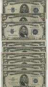 9 Assorted $5 Blue Seal Silver Certificates: 3 1934 & 6 1953