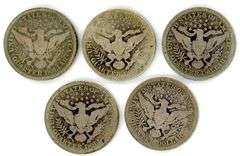 5 Assorted Barber Silver Quarters
