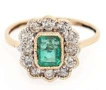 Vintage 0.65ct Emerald Cut Emerald and 0.75ctw Diamond Scalloped Frame Ring in 14K
