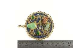 14K Yellow Gold Buddhist Lapis Jade Chinese Medallion Pendant/Pin