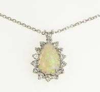 14K White Gold Pear Opal 1.00 Ctw Diamond Halo Statement Pendant