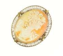 14K Yellow Gold Elaborate Ornate Carved Shell Cameo Lady Pin/Brooch