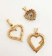 Romantic Group Set of 14k Gold Heart Pendants with Diamonds and Red Topaz