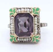 Antique White Gold Synthetic Alexandrite, Seed Pearl and Enamel Ring