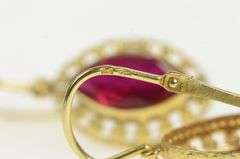 14K Yellow Gold Marquise Syn. Ruby Ornate Filigree Dangle Earrings