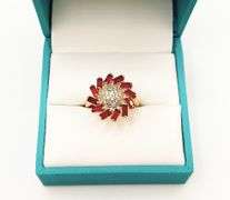 22KT YELLOW GOLD PLATED, GARNET, & DIAMOND COCKTAIL RING