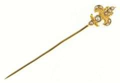 14K Yellow Gold Elaborate Fleur De Lis Seed Pearl Antique Stick Pin