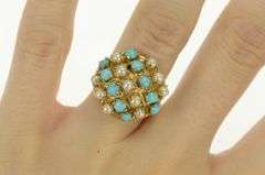 14K Yellow Gold 1960's Pearl Turquoise Domed Vintage Cocktail Ring