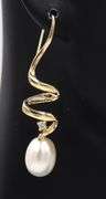 Elegant Yellow Gold Fresh Water Pearl and Diamond Zig Zag Dangle Earrings