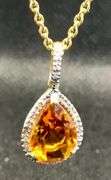 LUXURIOUS YELLOW SILVER CITRINE TEAR DROP NECKLACE WITH DIAMONDS