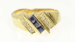 14K Yellow Gold Princess Cut Sapphire Diamond Accent Slanted Ring