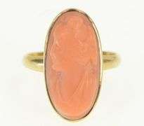 14K Yellow Gold Oval Carved Victorian Coral Cameo Vintage Ring