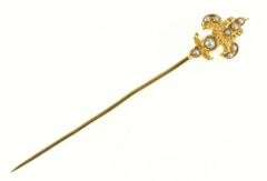 14K Yellow Gold Elaborate Fleur De Lis Seed Pearl Antique Stick Pin