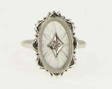 10K White Gold Oval Camphor Glass Diamond Filigree Ornate Ring