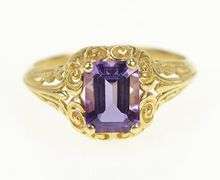 14K Yellow Gold Emerald Cut Amethyst Scroll Design Vintage Ring