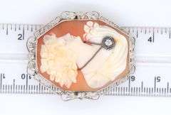 Elegant Curved Cameo Brooch with Diamond Necklace in Yellow Gold