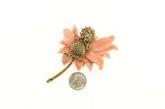 14K Yellow Gold Carved Coral Flower Baby Bird Diamond Pin/Brooch