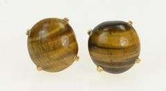 14K Yellow Gold 1960's Oval Tiger's Eye Ornate Stud Earrings