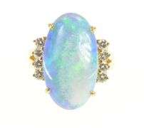 14K Yellow Gold Large Natural Opal Diamond Accent Cocktail Ring