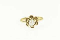 14K Yellow Gold Pearl Ornate Flower Blossom Retro Vintage Ring