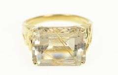 14K Yellow Gold Emerald Cut Rutilated Quartz Ornate Cocktail Ring