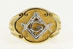 10K Yellow Gold Ornate Masonic Compass Square Men's Ring