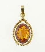 14K Yellow Gold Vintage Ornate Carved Rose Flower Glass Pendant