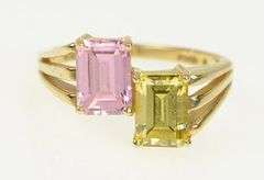 14K Yellow Gold Emerald Cut Pink & Yellow CZ Bypass Ring