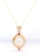 Wonderful Yellow Gold oval Mabe Pearl Enhancer with Ruby Cab and Diamond accents Necklace