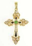 14K Yellow Gold 1.01 Ctw Victorian Emerald Enamel Cross Pendant
