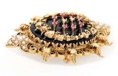 Vintage Black Onyx Ruby Seeded Pearl and 0.06ctw Diamond Brooch Pendant in 14K