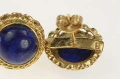 14K Yellow Gold 1960's Ornate Lapis Lazuli Scalloped Stud Earrings
