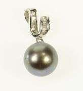 14K White Gold Black Pearl Baguette Diamond Wavy Statement Pendant