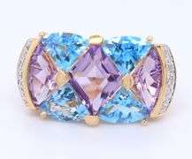 Fantastic Yellow Gold Fancy Cut Blue Topaz, Amethyst and Diamond accent Ring