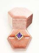 14KT SOLID YELLOW GOLD, AMETHYST & DIAMOND RING