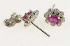 14K White Gold Oval Natural Ruby Diamond Halo Vintage Stud Earrings