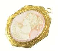 10K Yellow Gold Victorian Ornate Carved Shell Cameo Lady Pendant/Pin