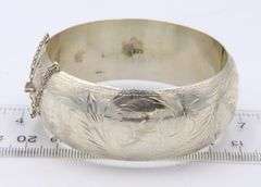 925 Sterling Silver Engraved Floral Pattern Wide Bangle Bracelet