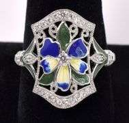Enamel Flower With CZ Ring In Sterling Silver