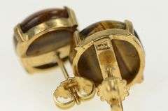 14K Yellow Gold 1960's Oval Tiger's Eye Ornate Stud Earrings