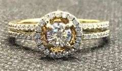STUNNING HALO CROWN 14K YELLOW GOLD ENGAGEMENT DIAMOND RING