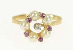 14K Yellow Gold Ruby Diamond Pearl Flower Cluster Statement Ring