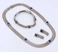 Set of Vintage 925 Sterling Silver Lapis Link Necklace and Matching Bracelet and Earrings