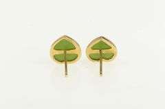 14K Yellow Gold Heart Green Nephrite Cabochon Vintage Stud Earrings