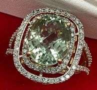 CERTIFIED BRAND NEW 14K GOLD GREEN QUARTZ AND DIAMOND RING