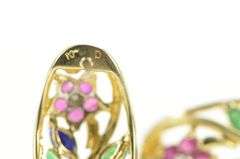 10K Yellow Gold Ruby Diamond Sapphire Flower Curved Earrings