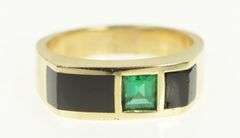 10K Yellow Gold Black Onyx Princess Syn. Emerald Squared Ring